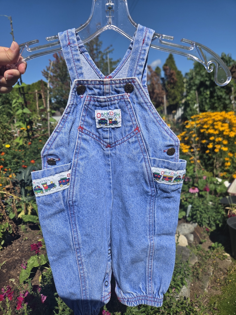 Vintage Made In U.S.A OshKosh B'gosh Light Blue Denim Overalls with Train Trim